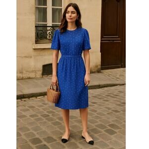 sezane Vintage 6 Mini Hearts SILK Secretary Dress Pleated Librarian Blue White